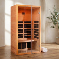 1 Person Extendable FAR Infrared Sauna for Home, Hemlock Wood Low EMF 6 Carbon Heaters Indoor Saunas with LED Lights, Bluetooth Speaker, Digital Control Panel, and Seating Bench — Studio Shot