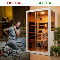 2 Person Extendable FAR Infrared Sauna for Home, Hemlock Wood Low EMF 6 Carbon Heaters Indoor Saunas with LED Lights, Bluetooth Speaker, Digital Control Panel, and Seating Bench — Before & After