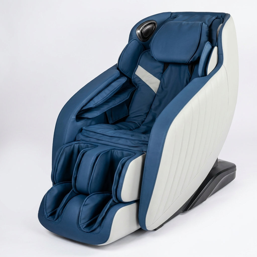 Blue Faux Leather Zero Gravity Recliner 3D Programmable Massage Chair — Studio Shot