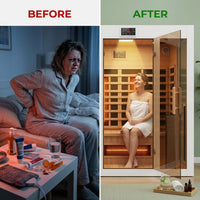 Infrared Sauna Designed for Home Wellness, 2 Person Capacity, 6 Carbon Heaters, Low EMF Hemlock Wood — Before & After