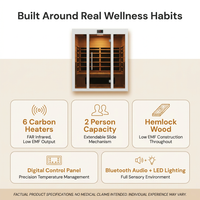 Infrared Sauna Designed for Home Wellness, 2 Person Capacity, 6 Carbon Heaters, Low EMF Hemlock Wood — Results & Stats