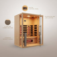 Infrared Sauna Designed for Home Wellness, 2 Person Capacity, 6 Carbon Heaters, Low EMF Hemlock Wood — infographic